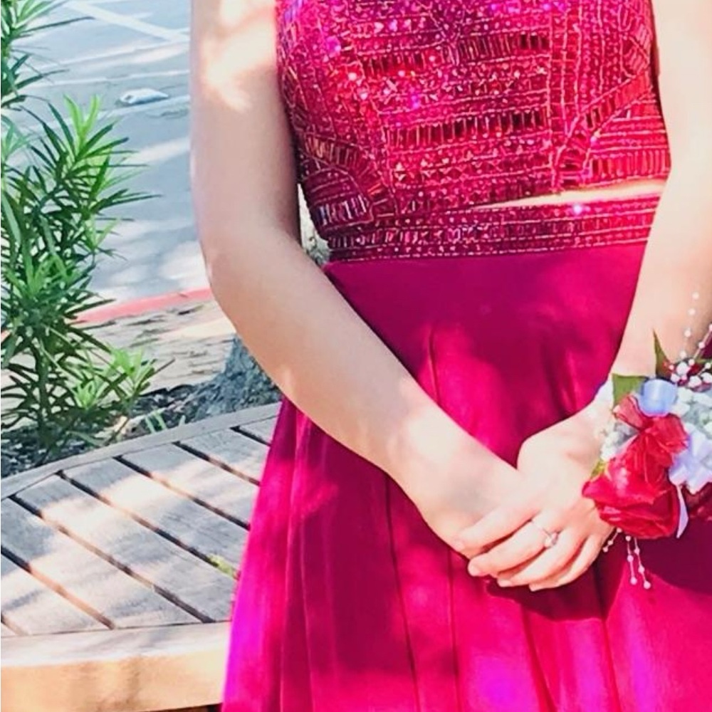 Sherri Hill beaded halter chiffon overskirt style#67006
